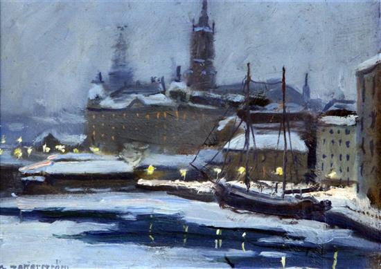 Gunnar Zetterström (1902-1965) Stockholm harbour in winter, 6.5 x 9in.